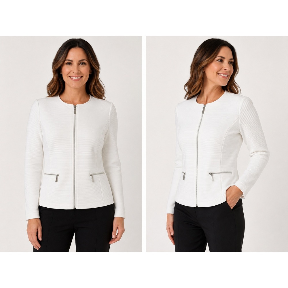 Roz‎ & Ali White Textured Zip Front Jacket Petite XL Ribbed Ottoman Knit Blazer